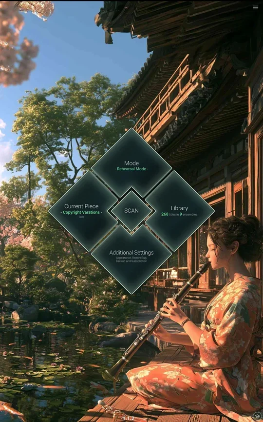 Main menu with a Japanese garden background