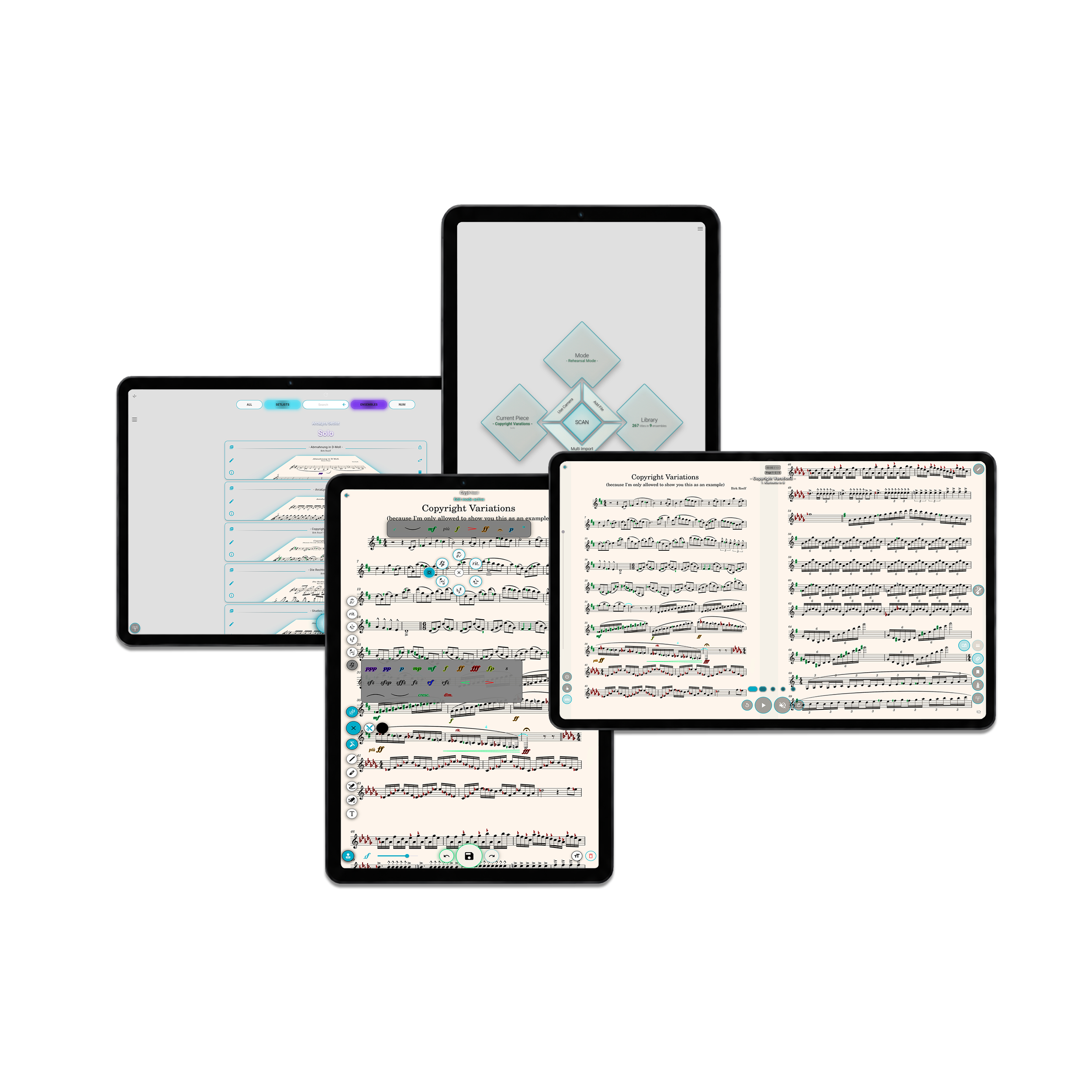 ArcaLyra on four tablets: main menu, library, score editing and two-page view