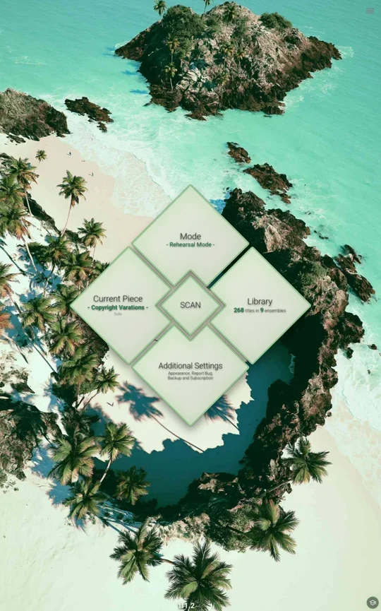 Main menu with an island background and a light menu