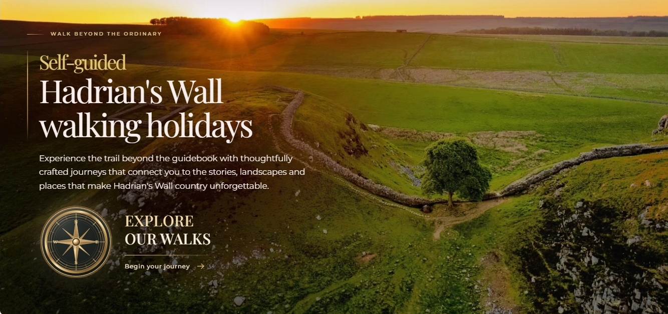 Wayfarer Walking Holidays website showing the self-guided Hadrian's Wall walking holidays page against a warm sunset landscape