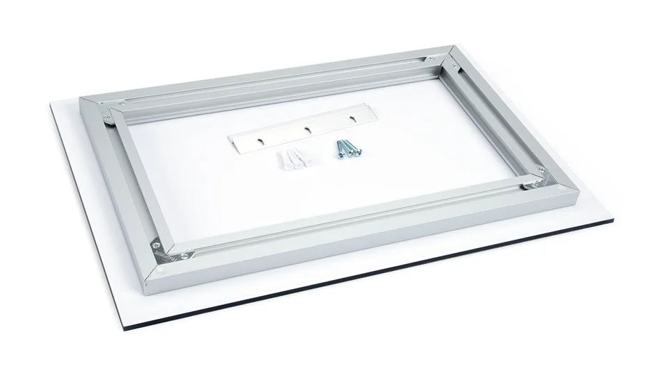 Rear view of an acrylic print with aluminum inset frame, French cleat, screws, and wall anchors