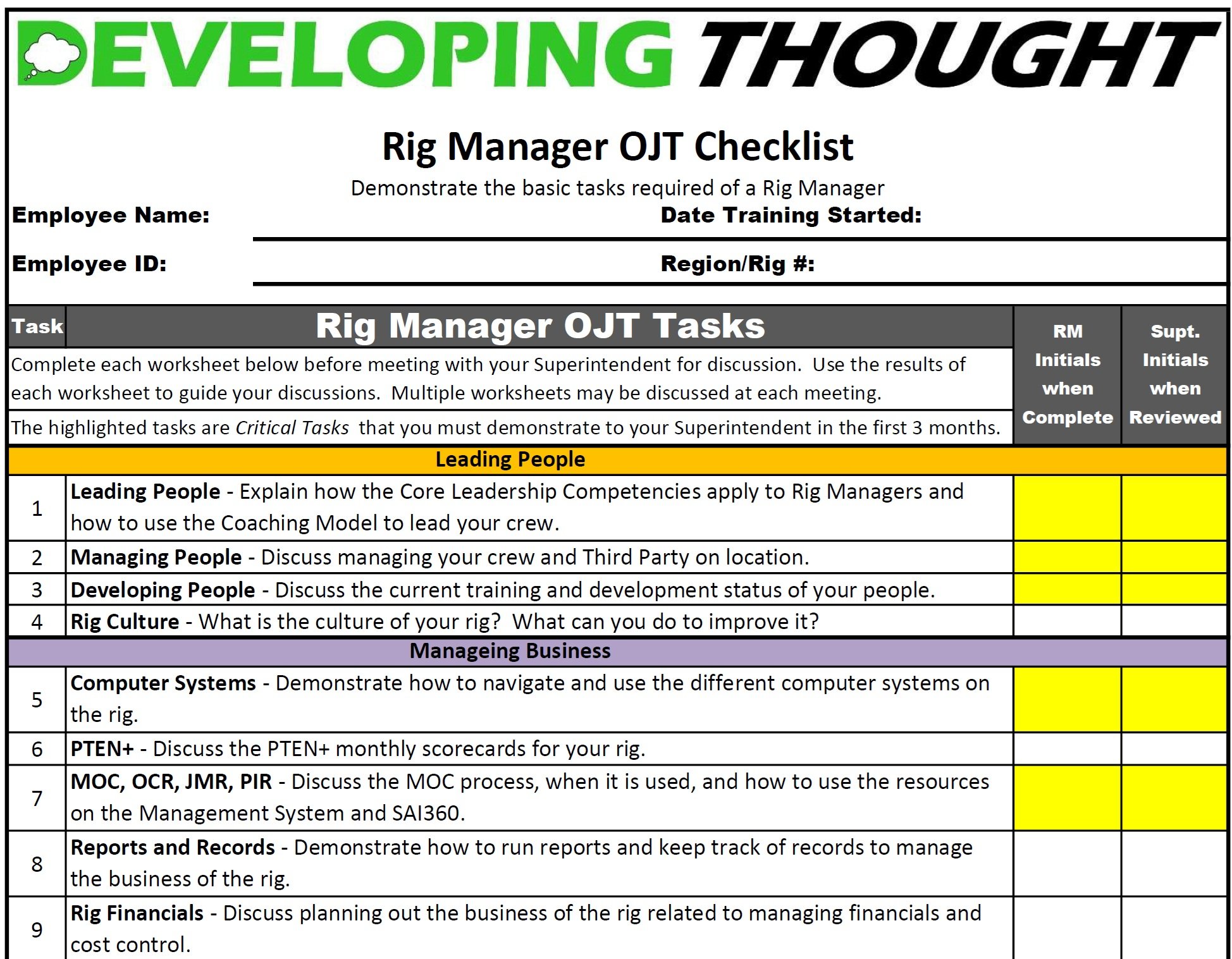 Rig Manager OJT checklist and structured training sample