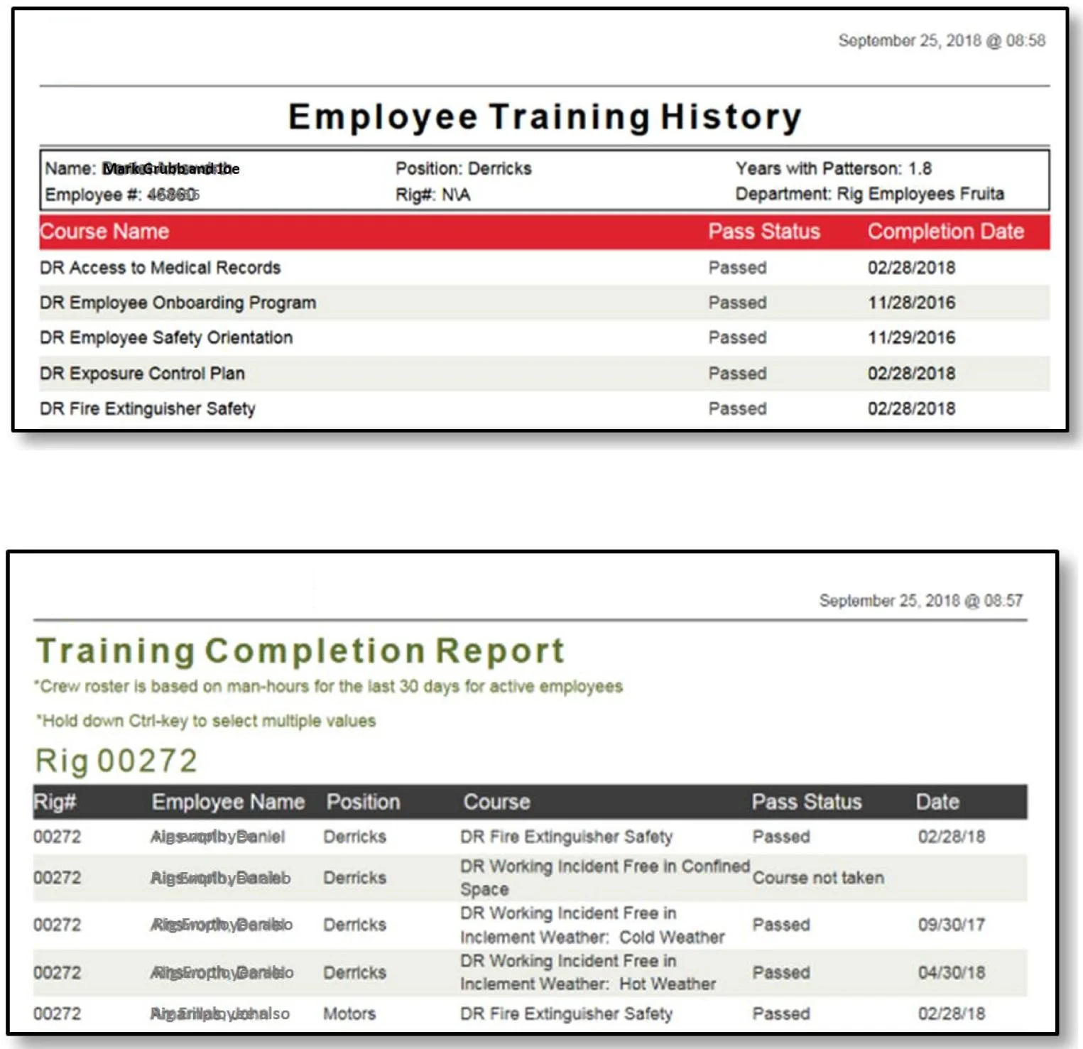 OJT completion report used for rollout tracking and reporting