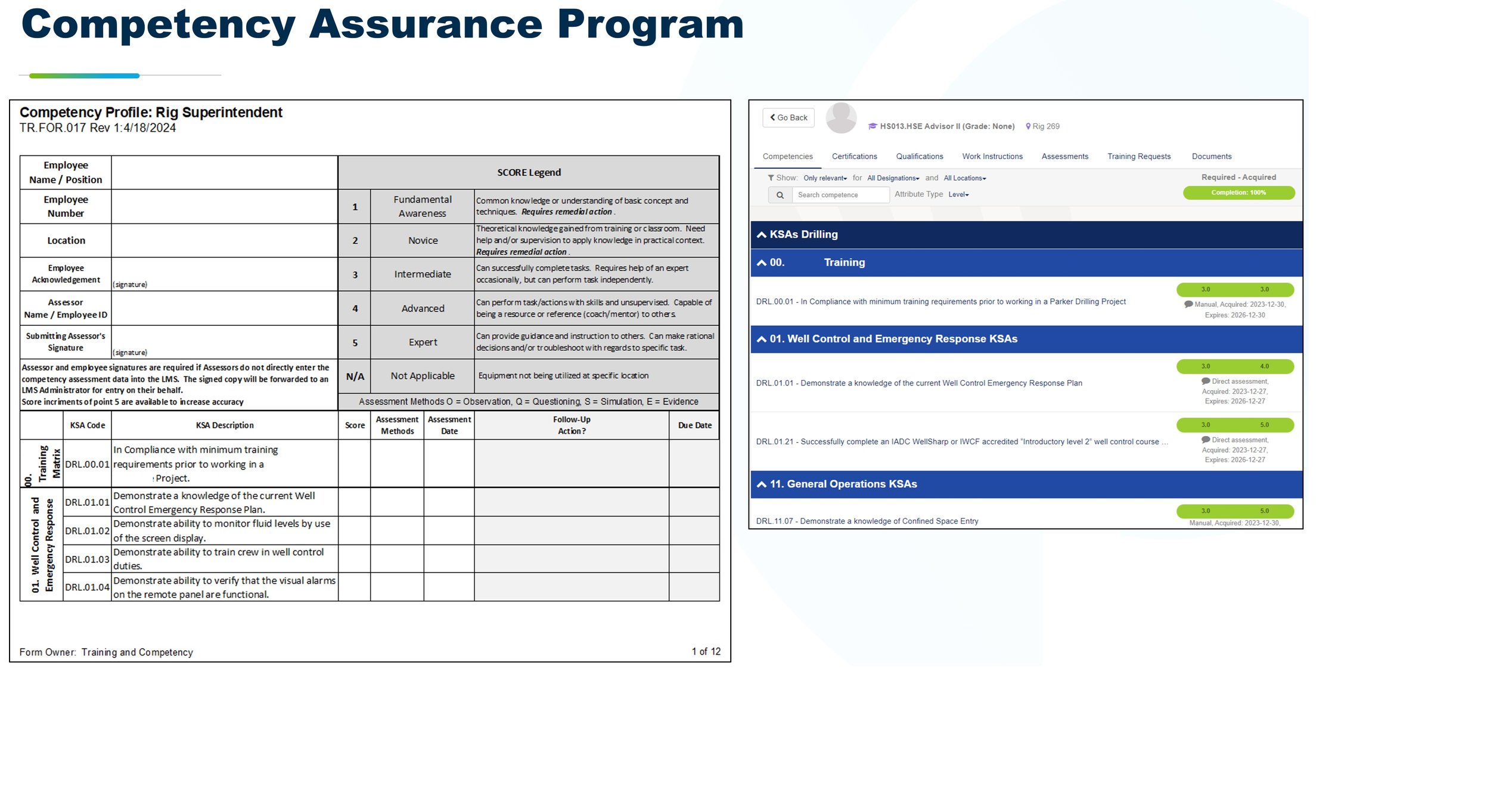 Field competency verification mapped to LMS competency tracking