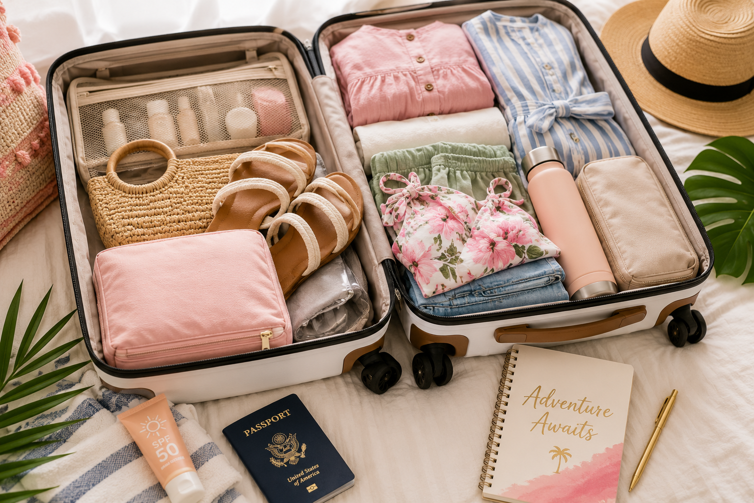 Organized suitcase with tropical clothing, sandals, sun protection, and Caribbean travel essentials