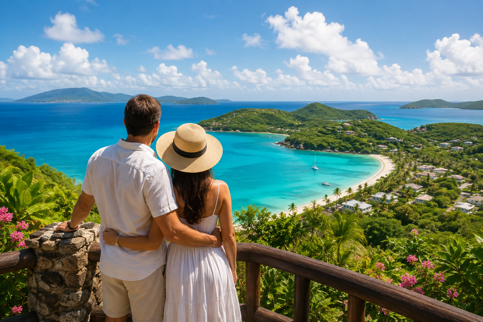 A couple overlooking the turquoise Caribbean Sea while imagining their perfect vacation