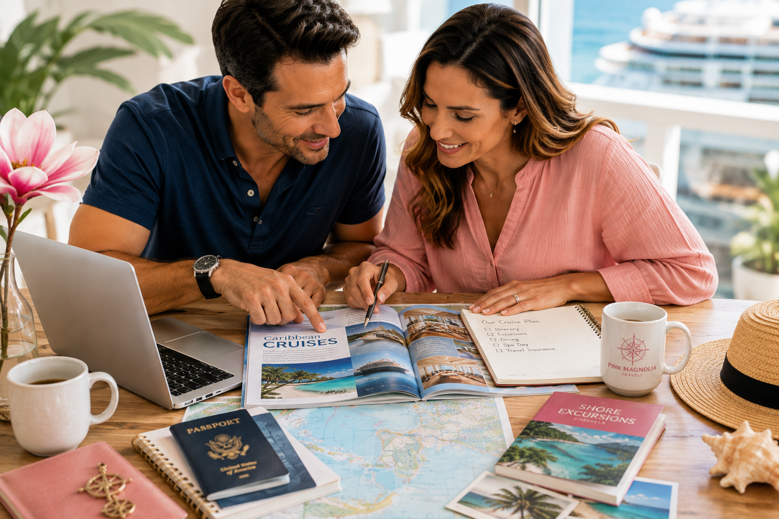 Couple reviewing a Caribbean cruise itinerary, port map, and vacation planning notes