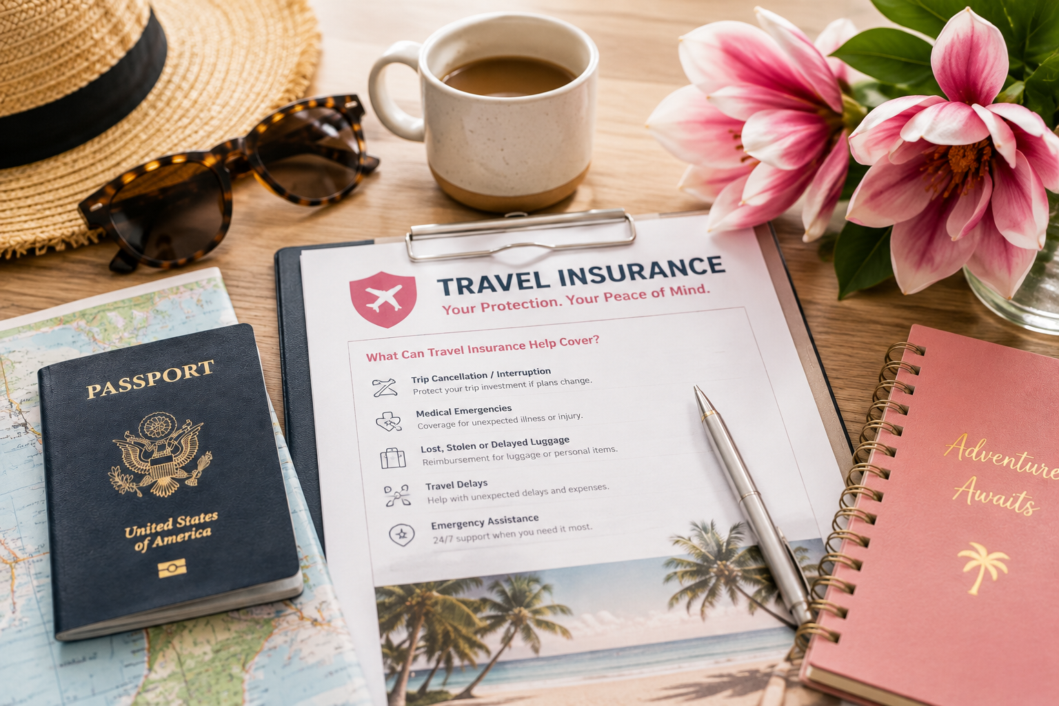 Couple reviewing travel protection information beside passports and organized vacation plans