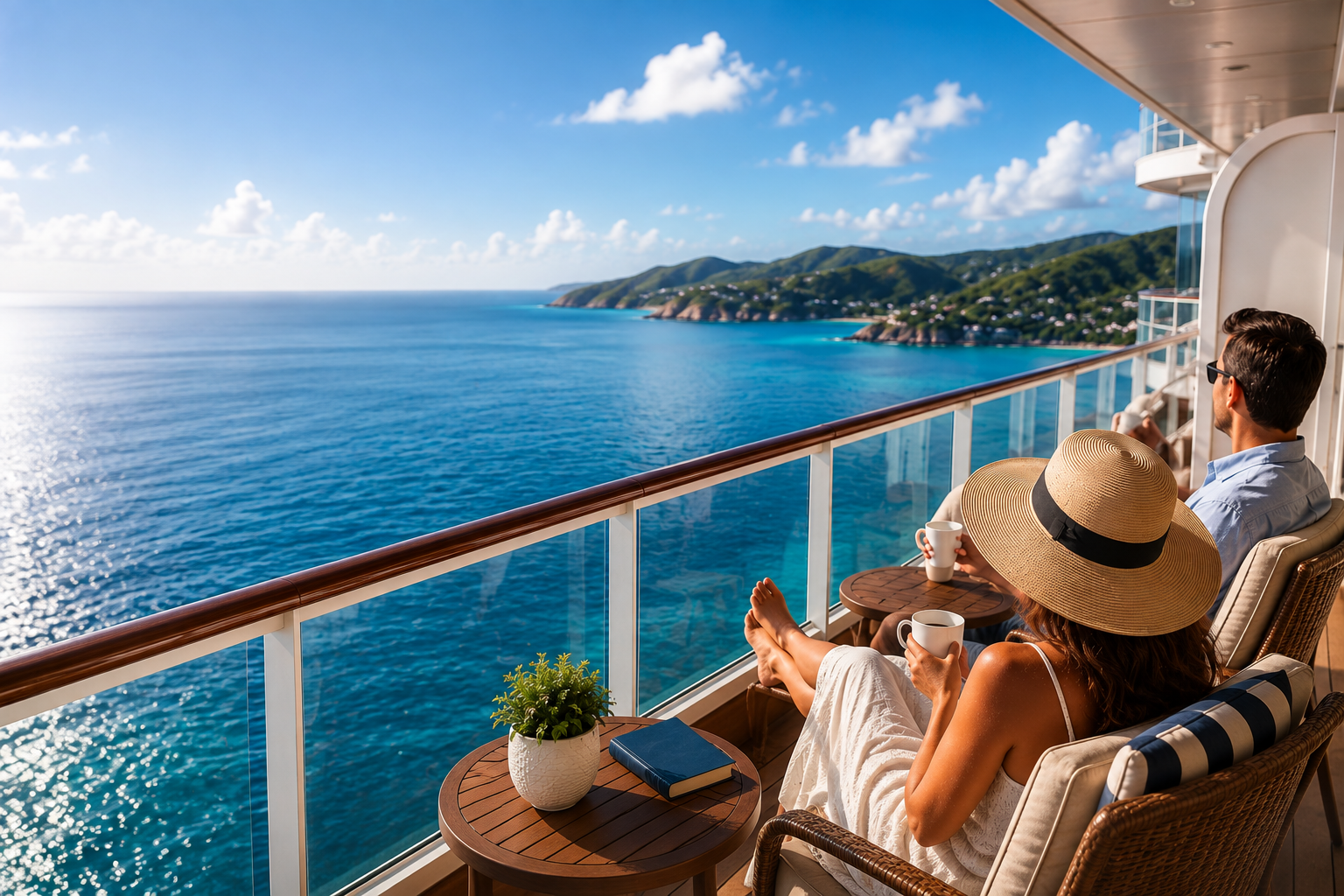 A couple enjoying a Caribbean cruise balcony with turquoise ocean views