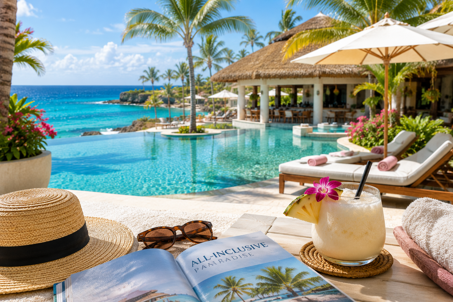 Beautiful Caribbean all-inclusive resort with pool, tropical landscaping, and ocean views