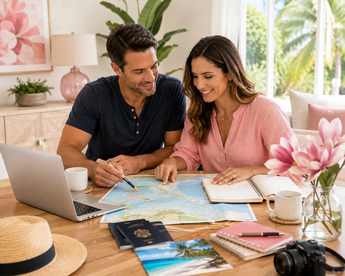 A couple reviewing helpful Caribbean travel guides, maps, passports, and vacation notes together