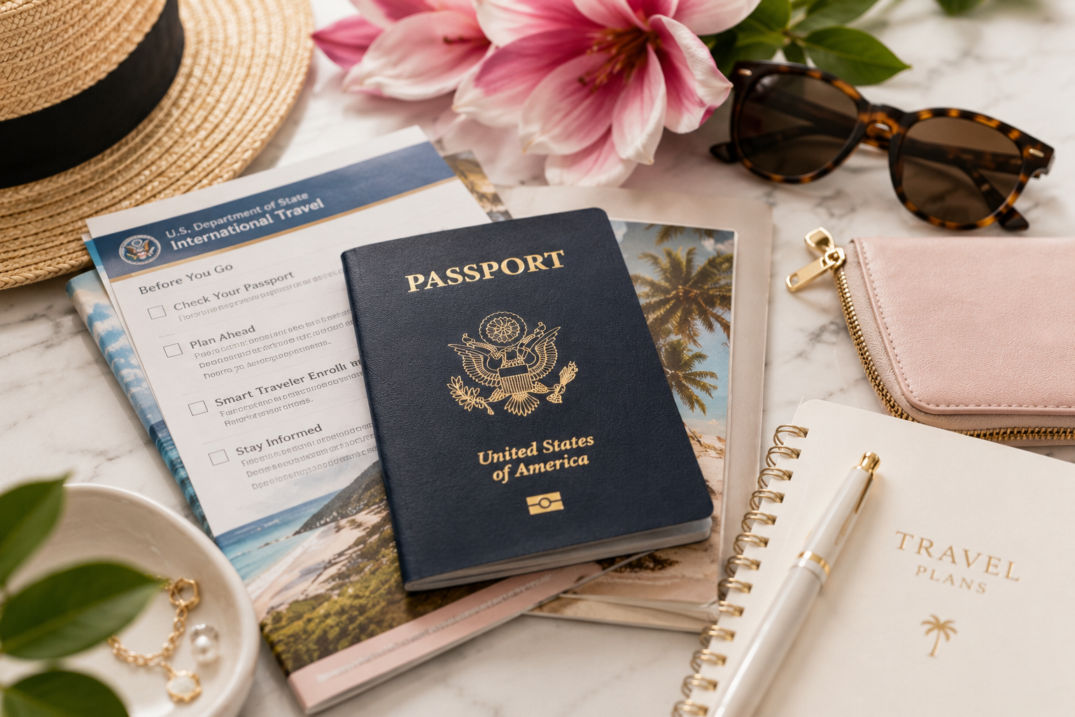 Passport, travel documents, sunglasses, and a pen arranged for an upcoming Caribbean vacation