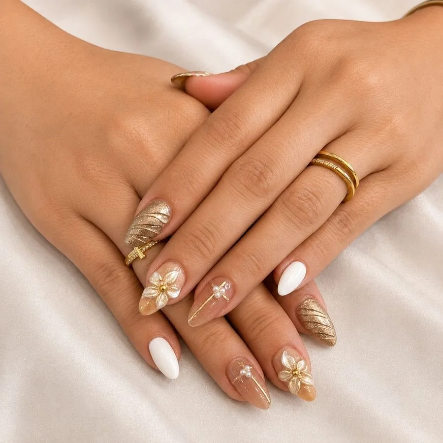 Pearl and floral nail art detail