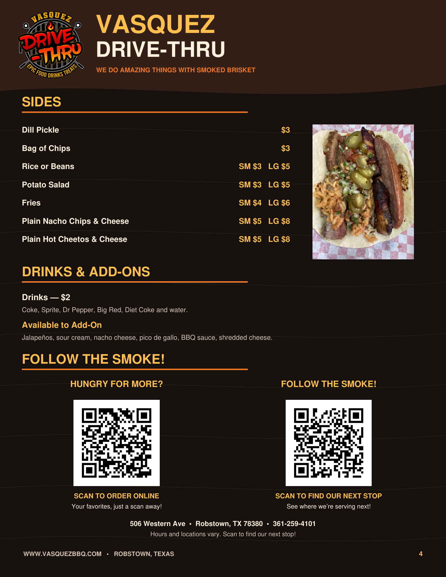 Vasquez Drive-Thru menu page 4: Sides, drinks and add-ons