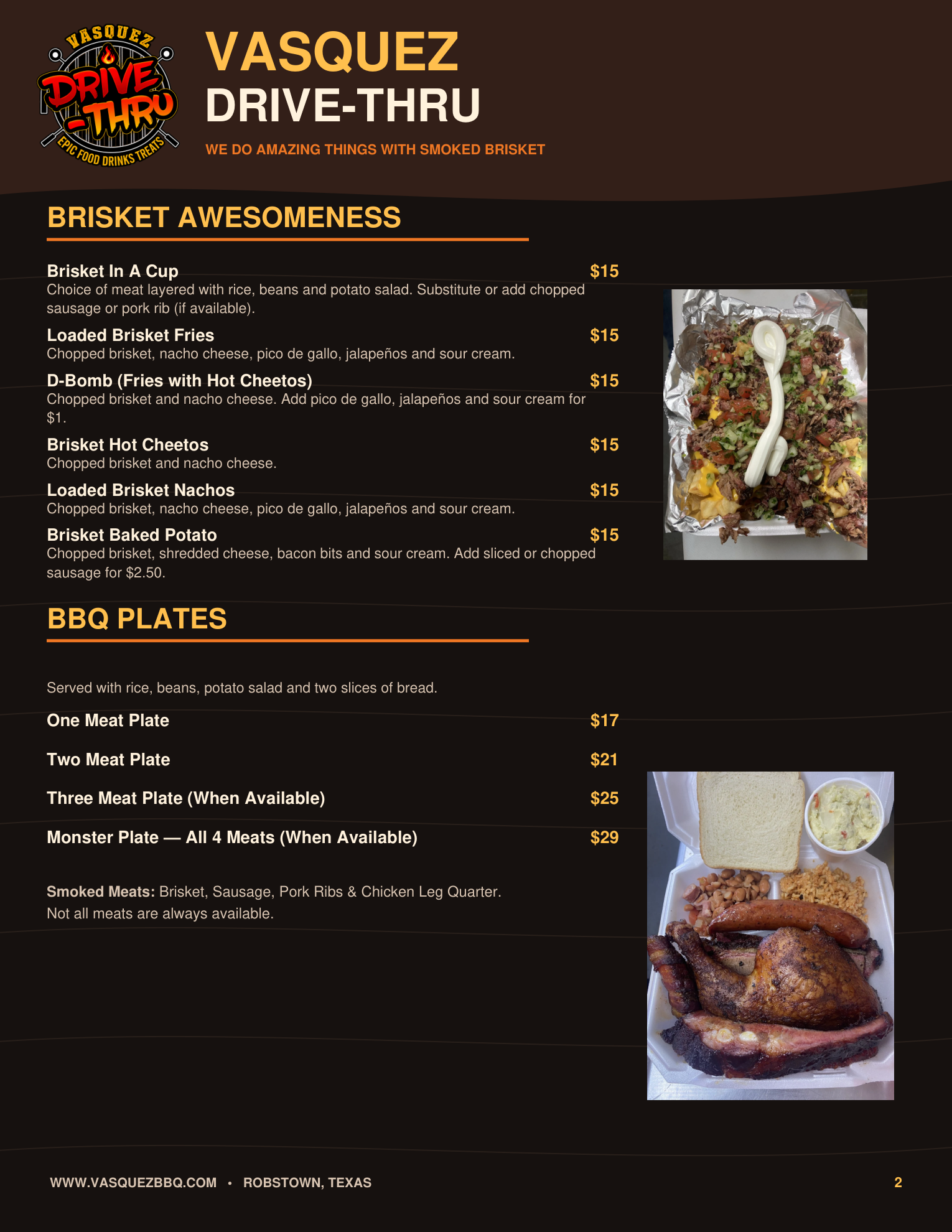 Vasquez Drive-Thru menu page 2: Brisket awesomeness and BBQ plates