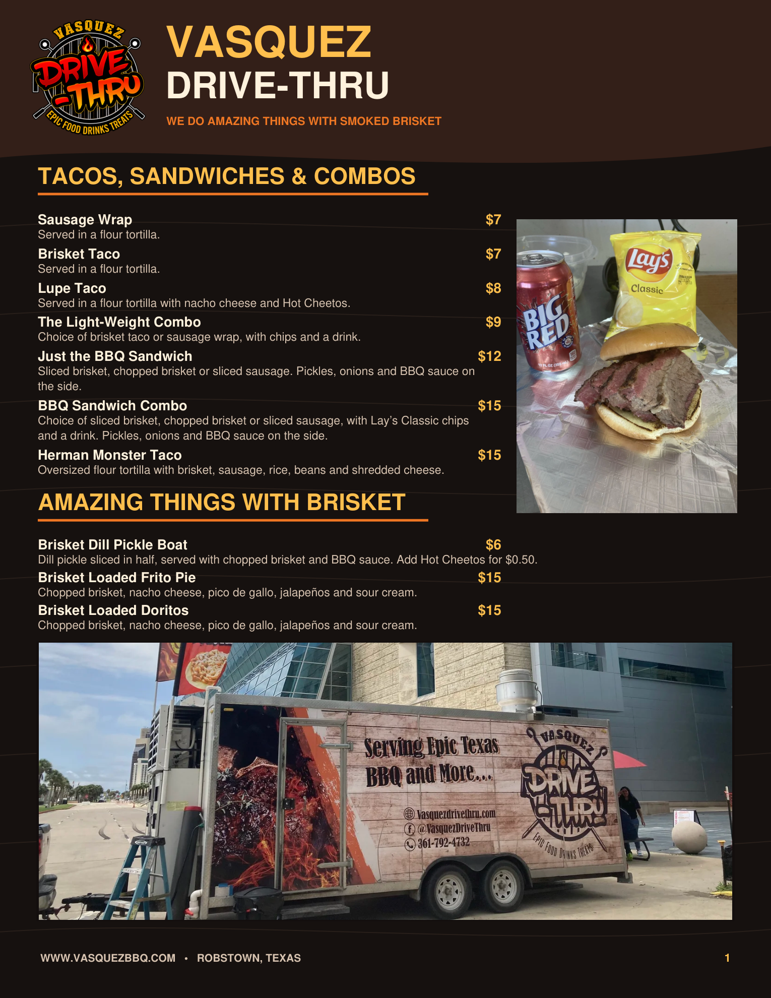 Vasquez Drive-Thru menu page 1: Tacos, sandwiches, combos and brisket favorites