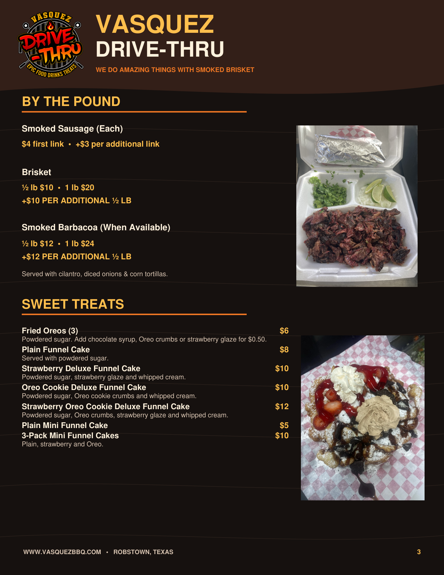 Vasquez Drive-Thru menu page 3: By the pound and sweet treats