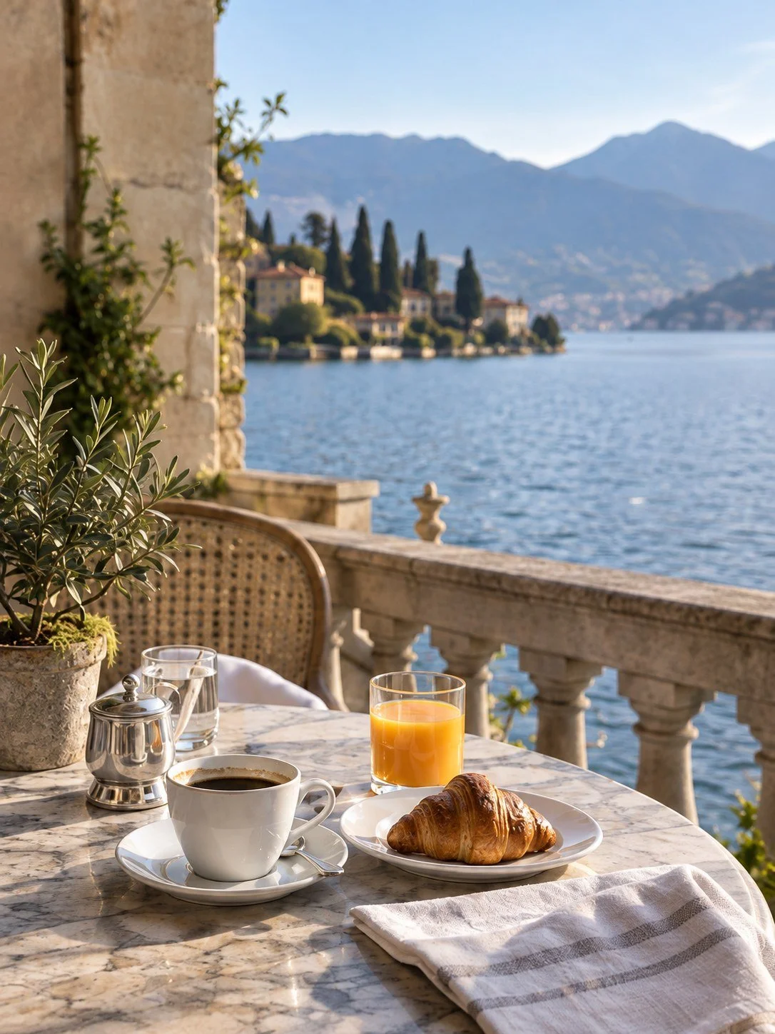 Illustrative breakfast setting on a terrace overlooking a lake