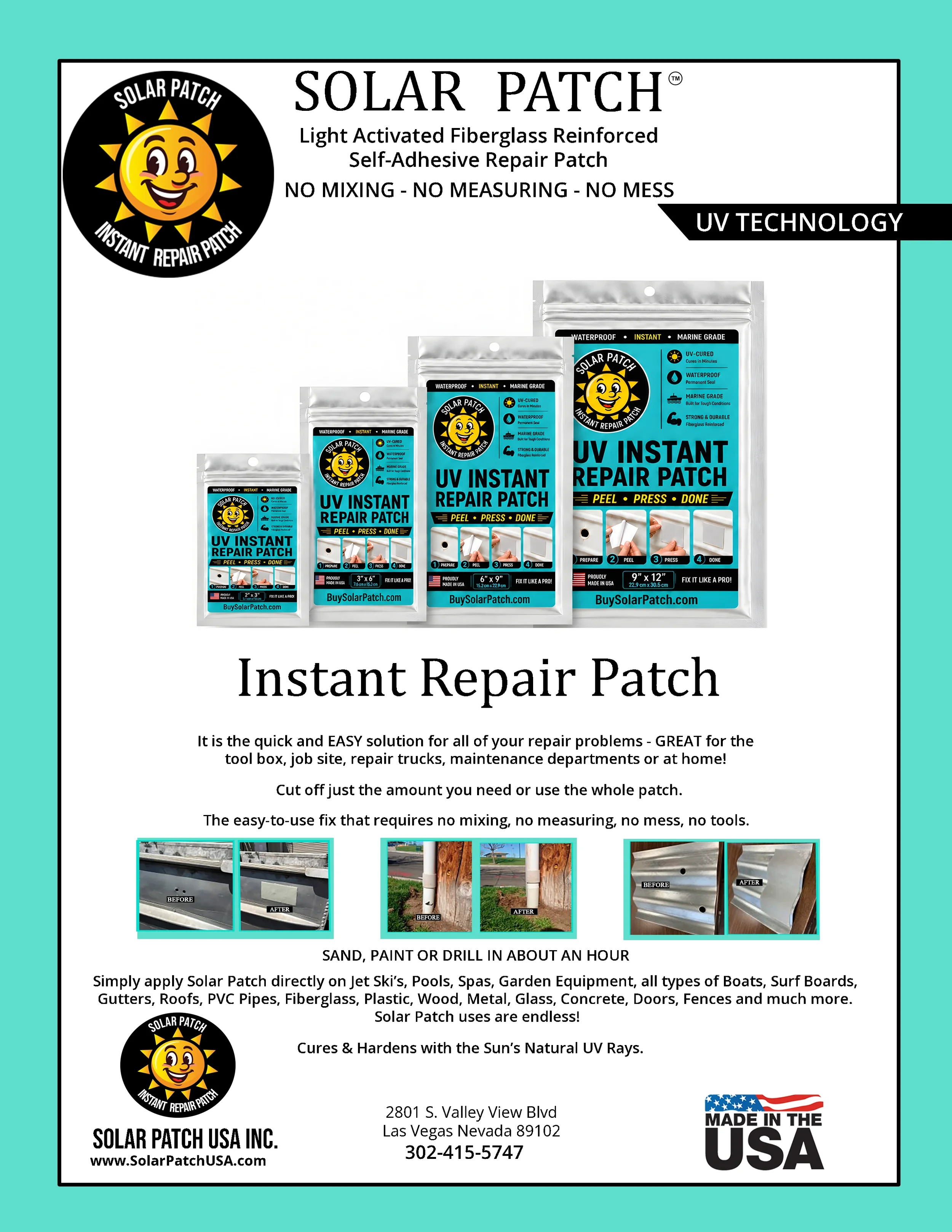Solar Patch instant repair patch — product literature sheet