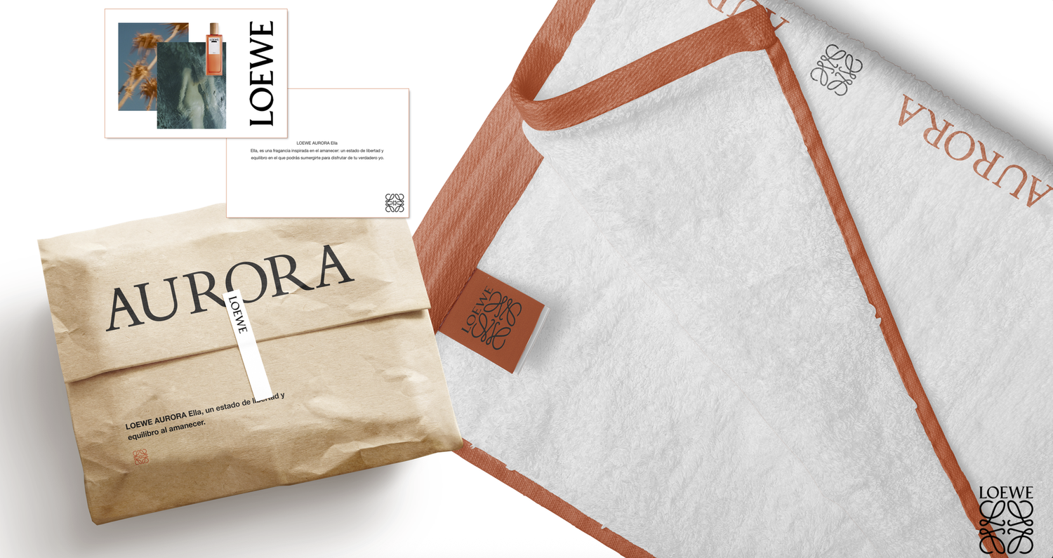 Loewe Aurora packaging, card and towel collage