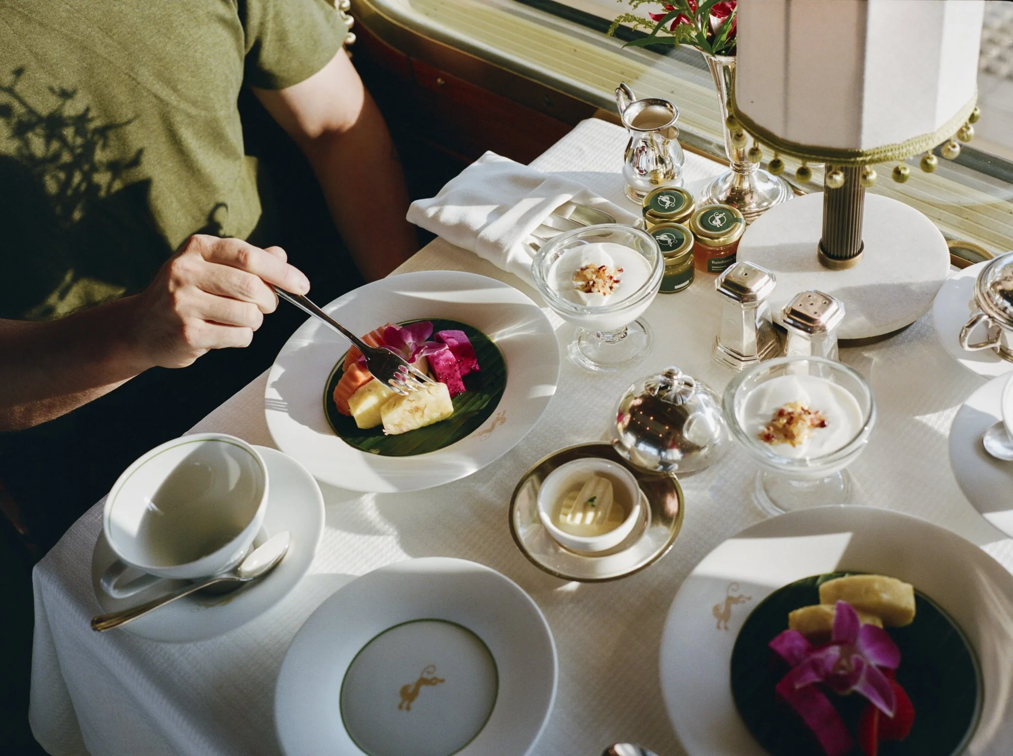 Breakfast served at a window table on the train