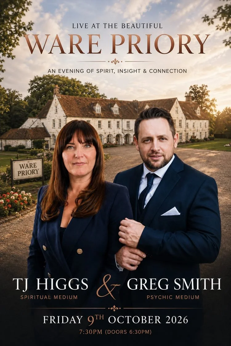 Live at the beautiful Ware Priory, TJ Higgs and Greg Smith, an evening of spirit, insight and connection, Friday 9 October 2026, 7:30pm