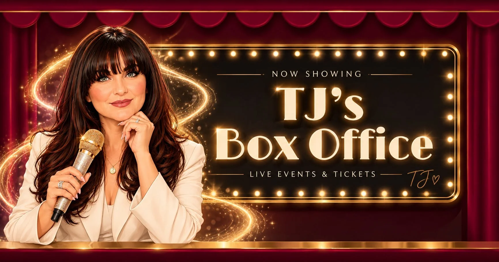 TJ Higgs holding a gold microphone beside a lit theatre sign: Now Showing, TJ’s Box Office, Live Events and Tickets
