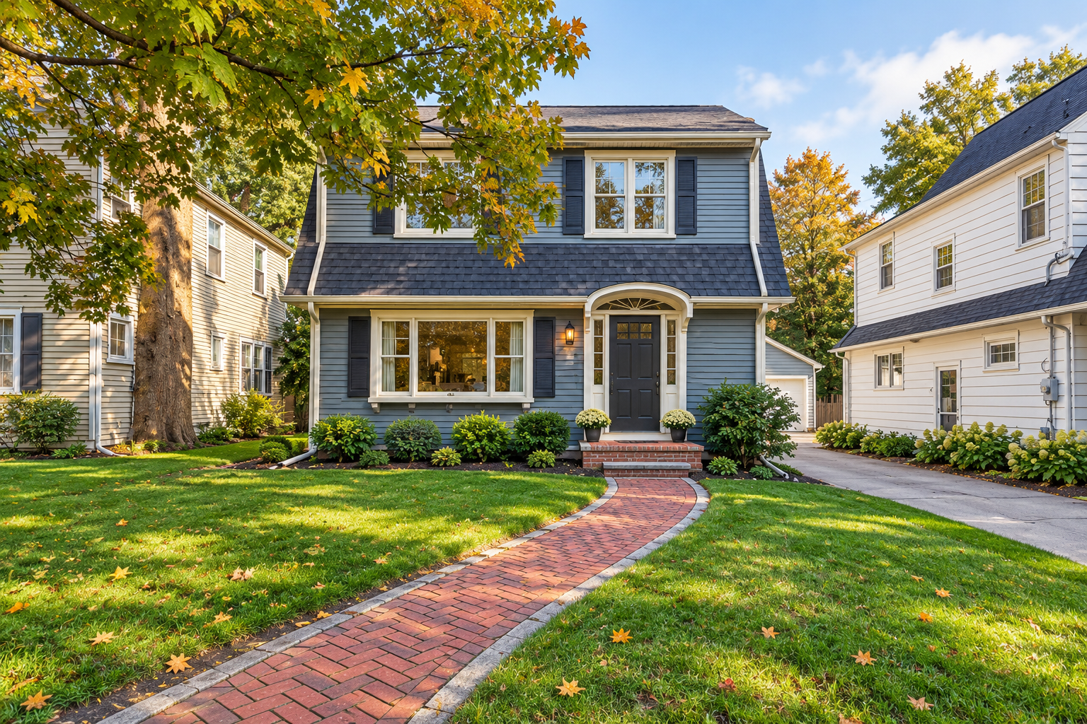 Illustrative slate-blue two-story home