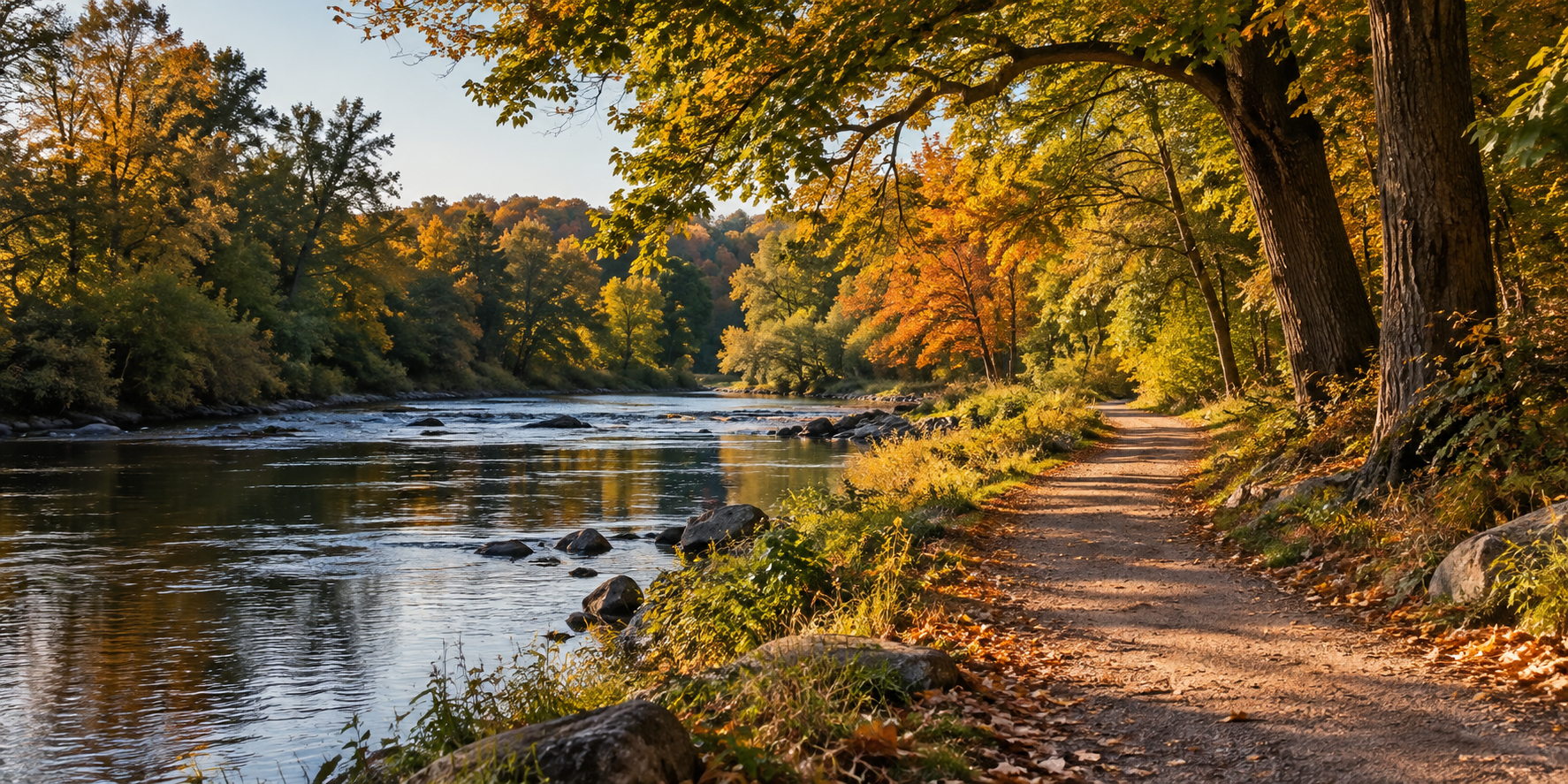 Illustrative autumn riverside path with golden leaves and natural light.