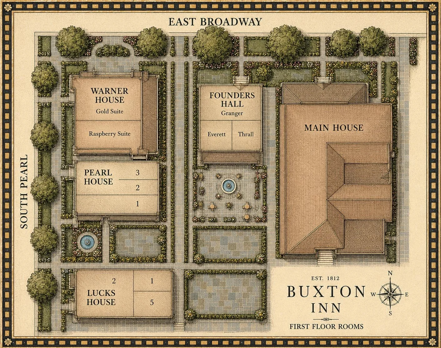 Illustrated first-floor property and guest-room map of the Buxton Inn in Granville, Ohio.