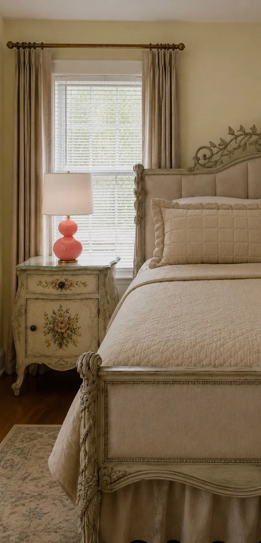 Guest bed and painted nightstand beside a pink lamp