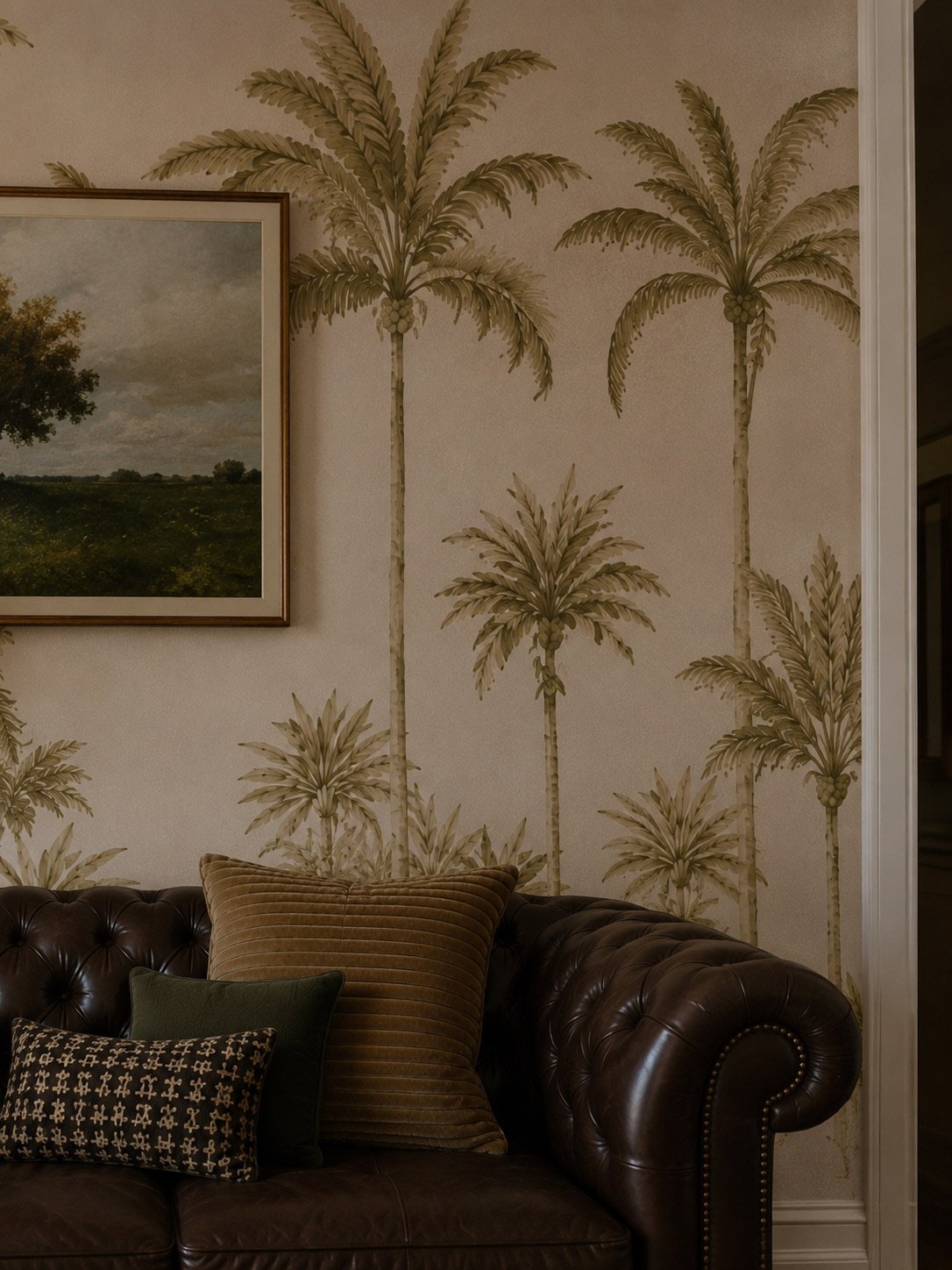 Leather sofa and pillows against palm-tree wallpaper