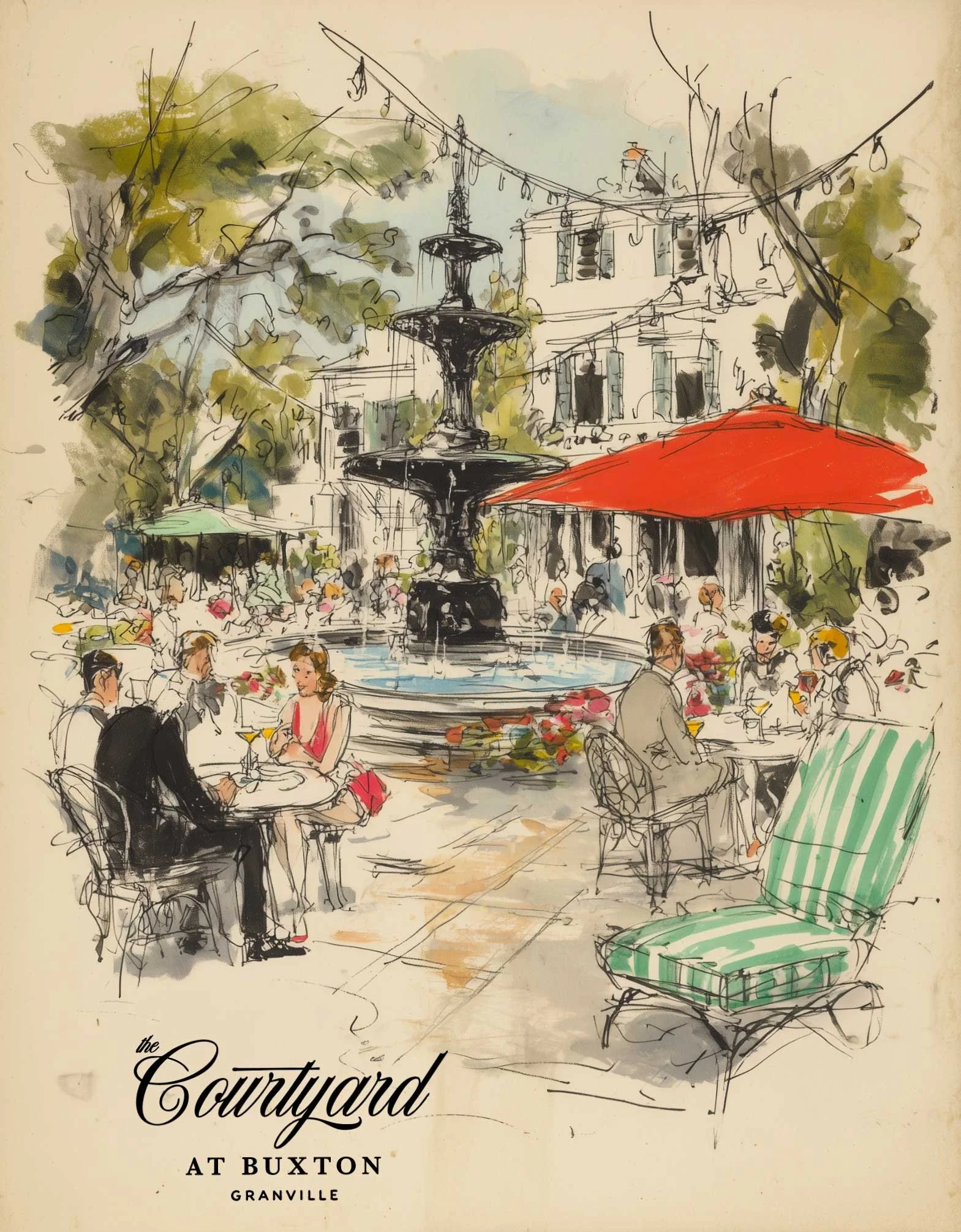 Illustrated vision of courtyard dining around the fountain at The Buxton Inn in Granville, Ohio.