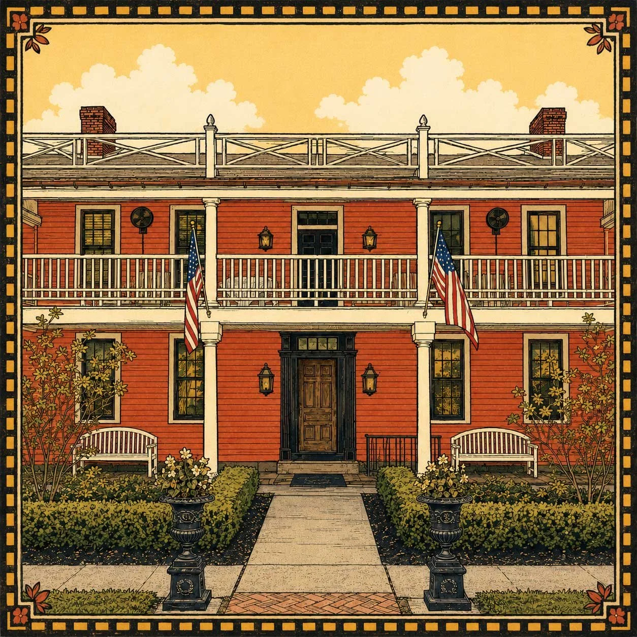 Illustration of the historic Main House at The Buxton Inn