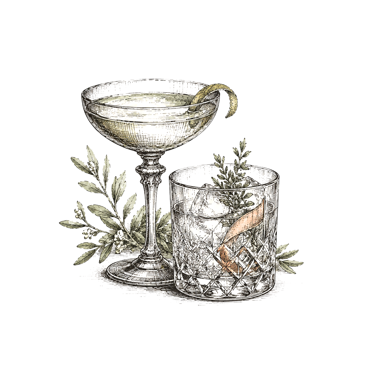 Illustration of a coupe and rocks glass