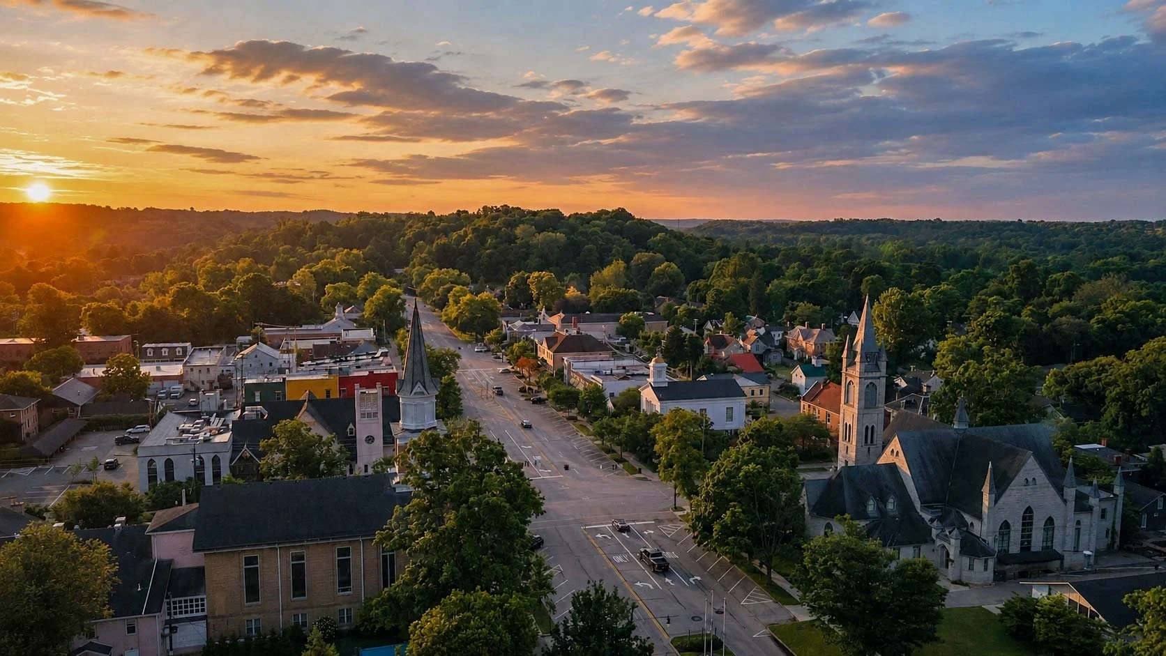 Aerial view of the village of Granville, Ohio, at sunset.