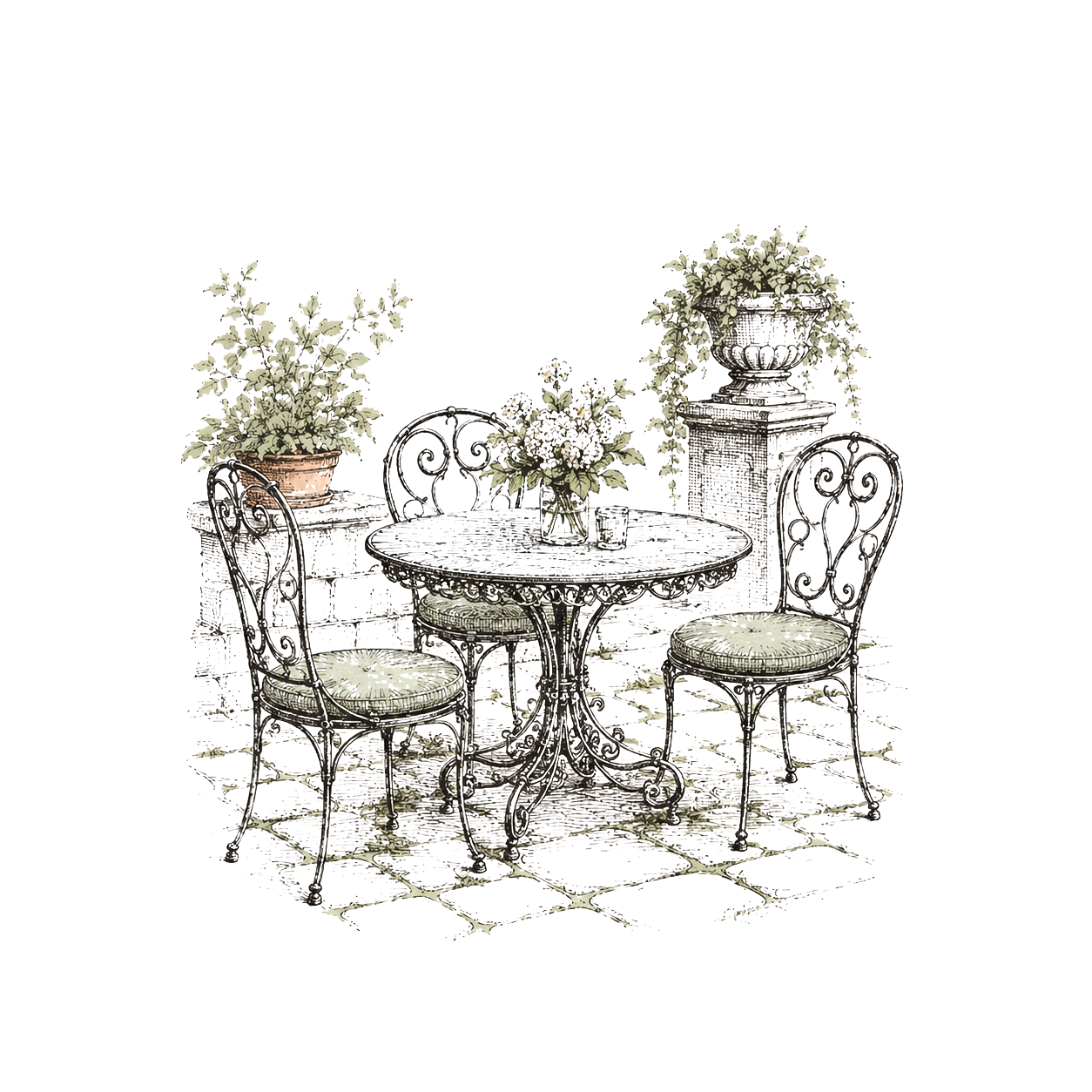 Illustration of an iron courtyard table and chairs