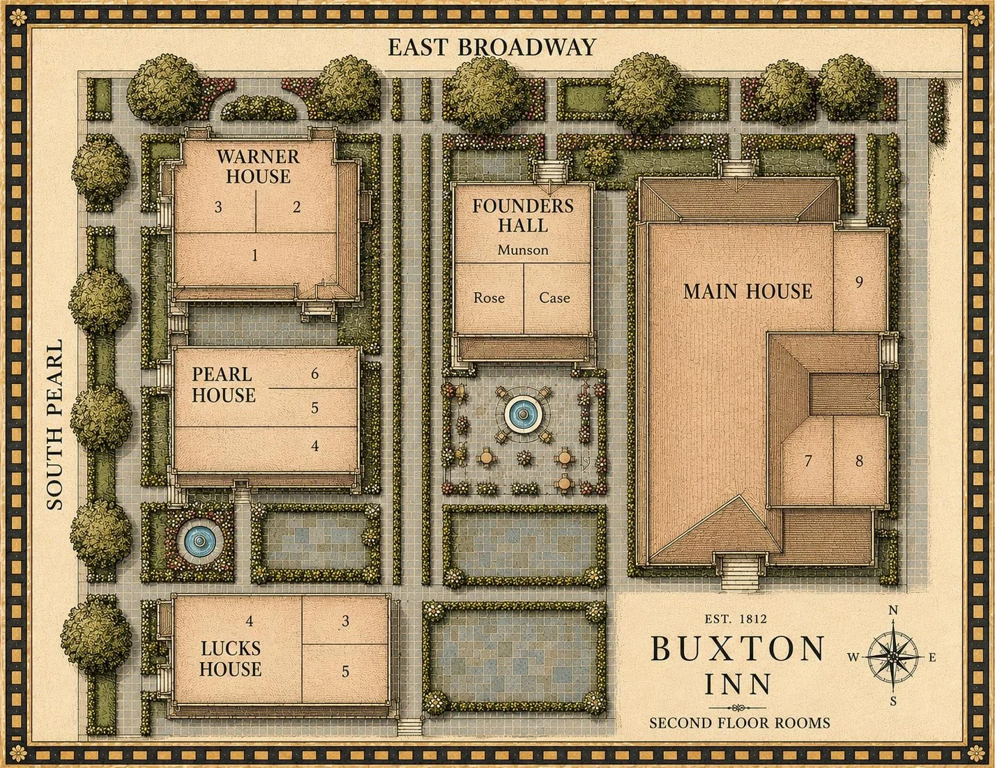 Illustrated second-floor property and guest-room map of the Buxton Inn in Granville, Ohio.