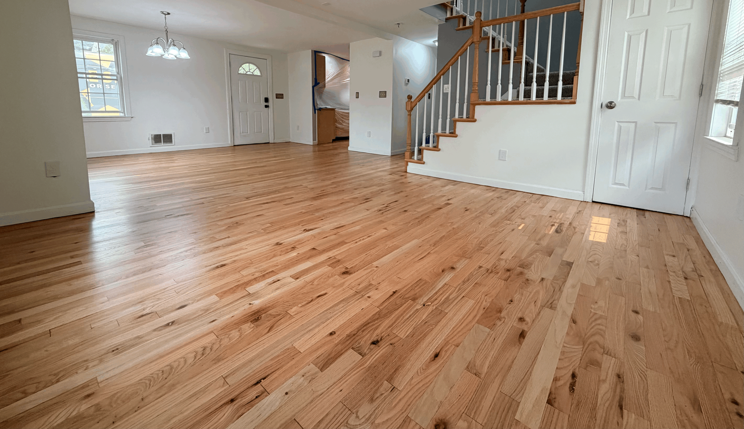 Completed hardwood floor with protective finish