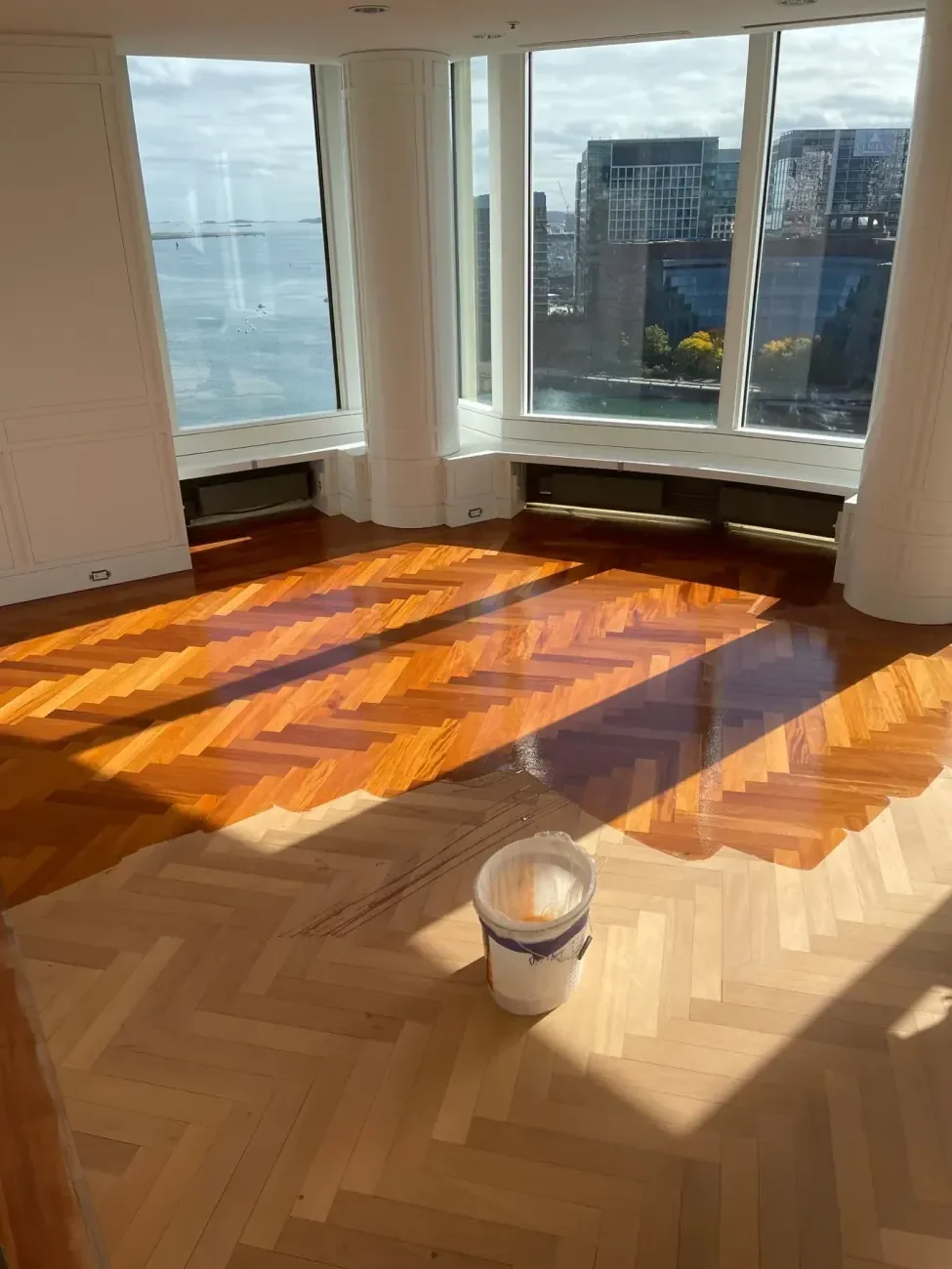 Hardwood parquet floor being professionally refinished