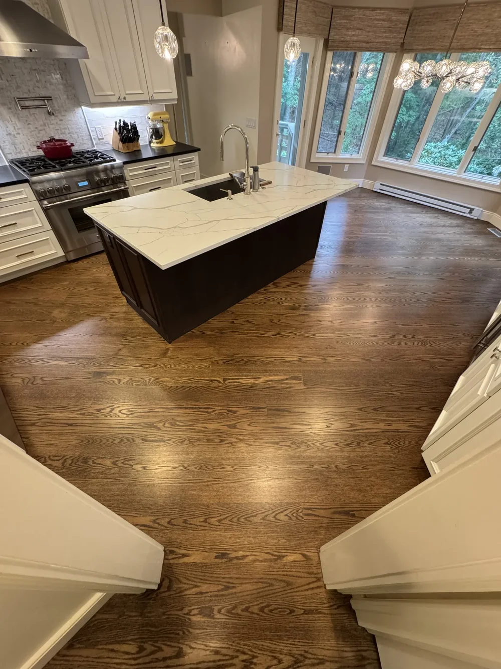 Finished white oak flooring in the Wayland kitchen after refinishing
