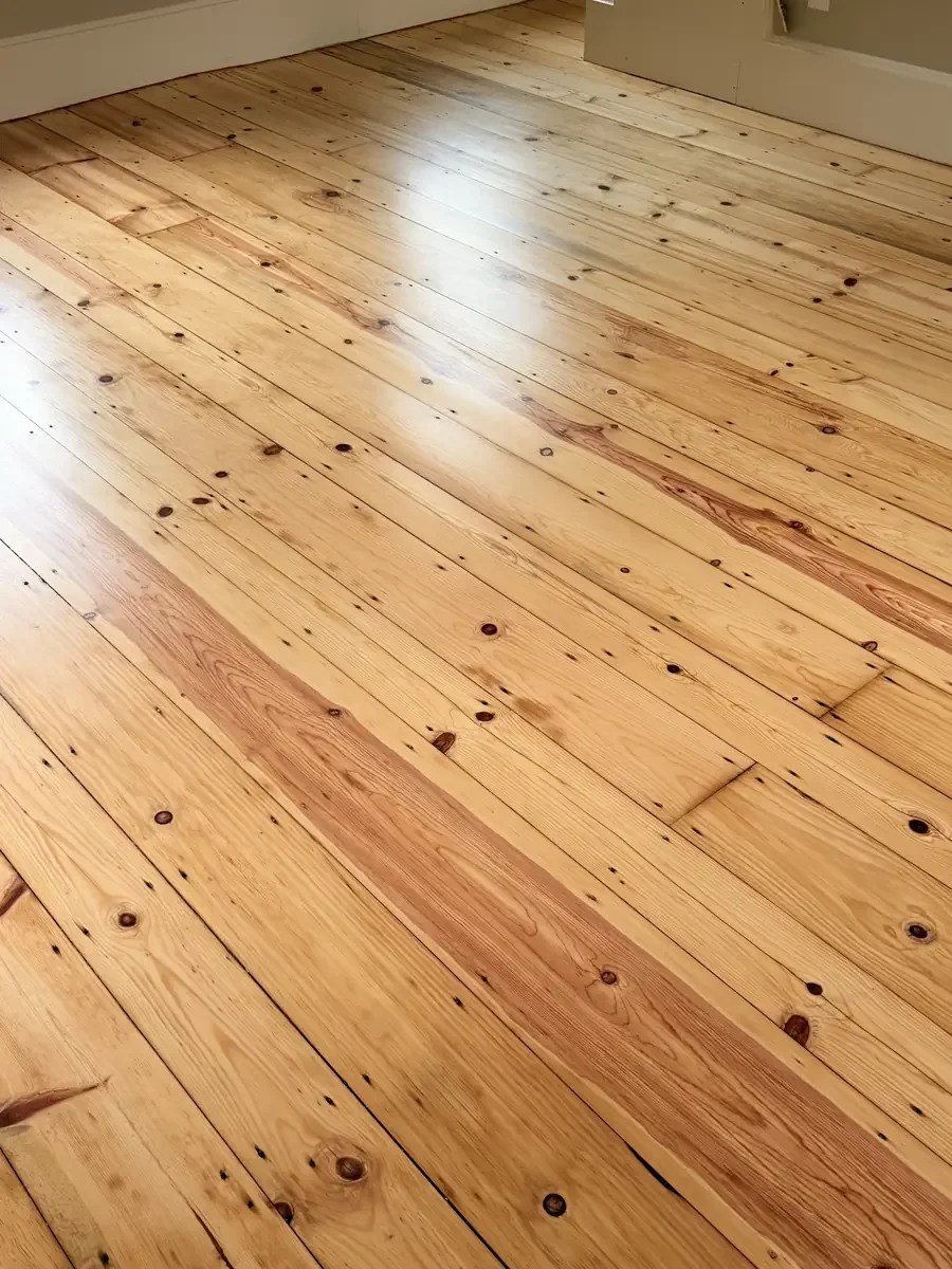 Close view of the restored wide-plank floor