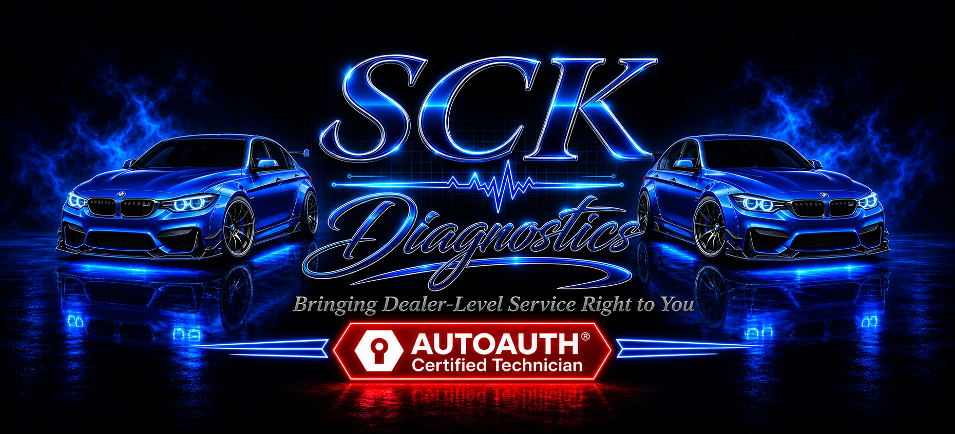 SCK Diagnostics neon logo with two BMWs and AutoAuth artwork