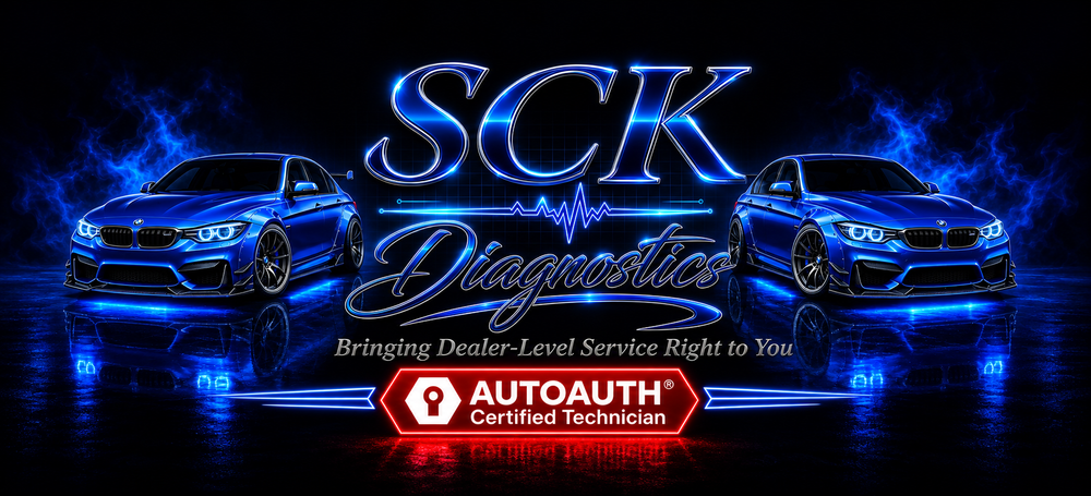 SCK Diagnostics neon logo with two BMWs and AutoAuth artwork