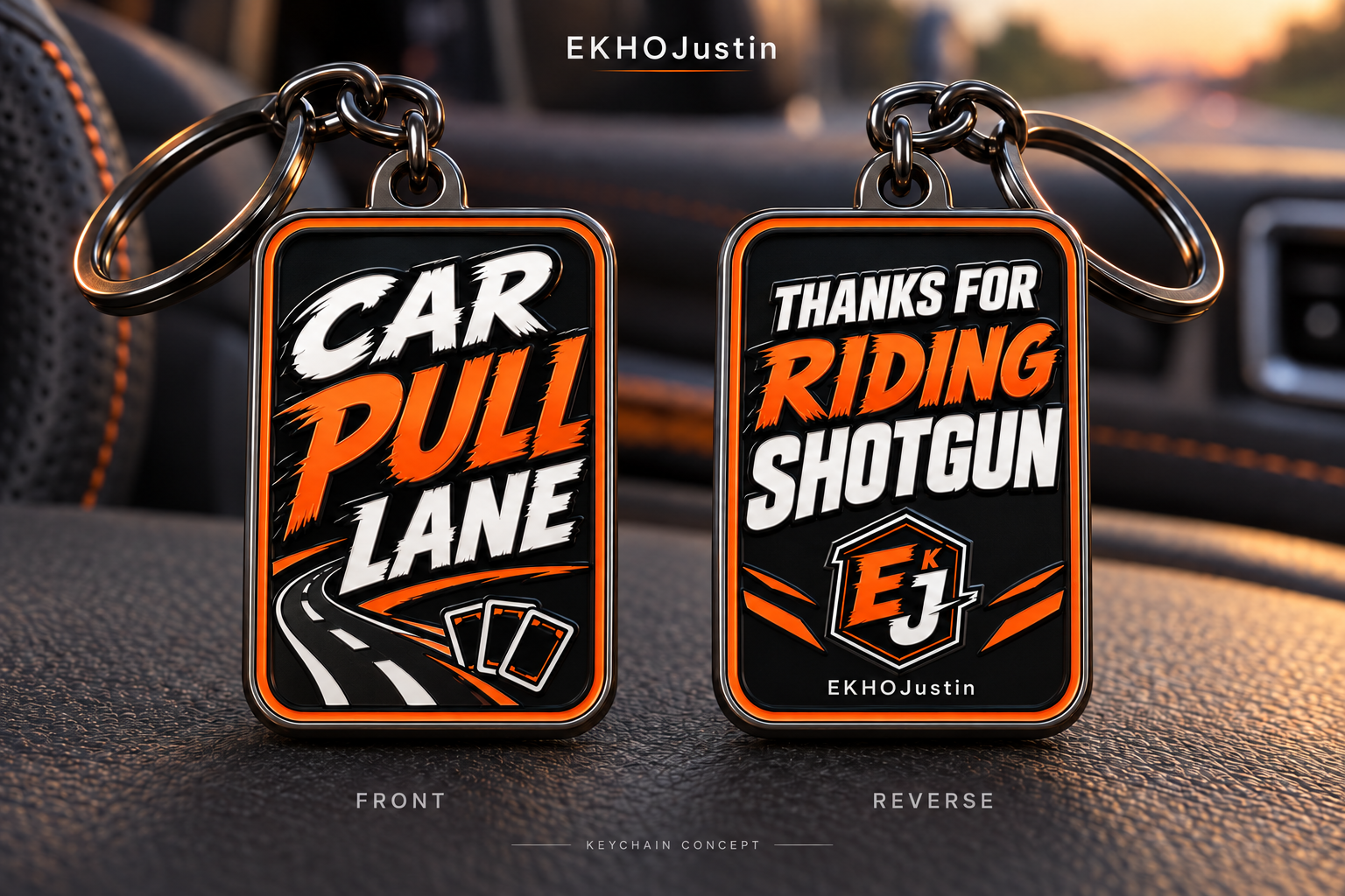 Front and reverse of a black and orange Car Pull Lane keychain with Thanks for Riding Shotgun lettering