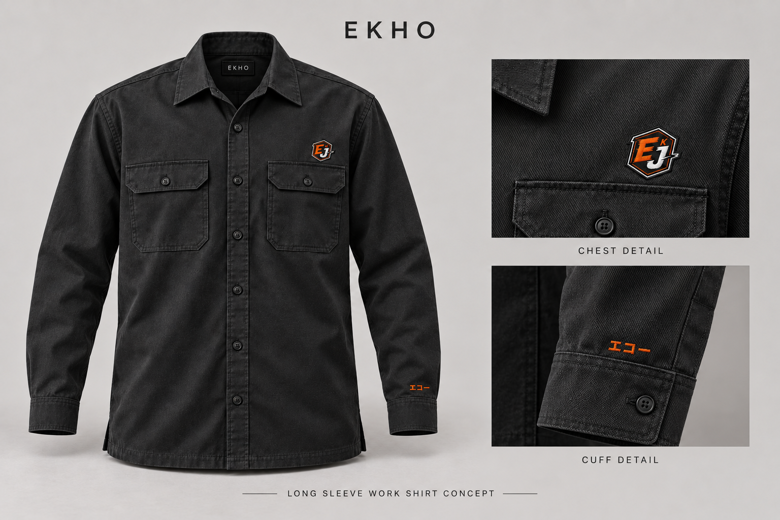 Black EKHO long-sleeve work shirt concept with chest crest and orange cuff embroidery shown in close-up