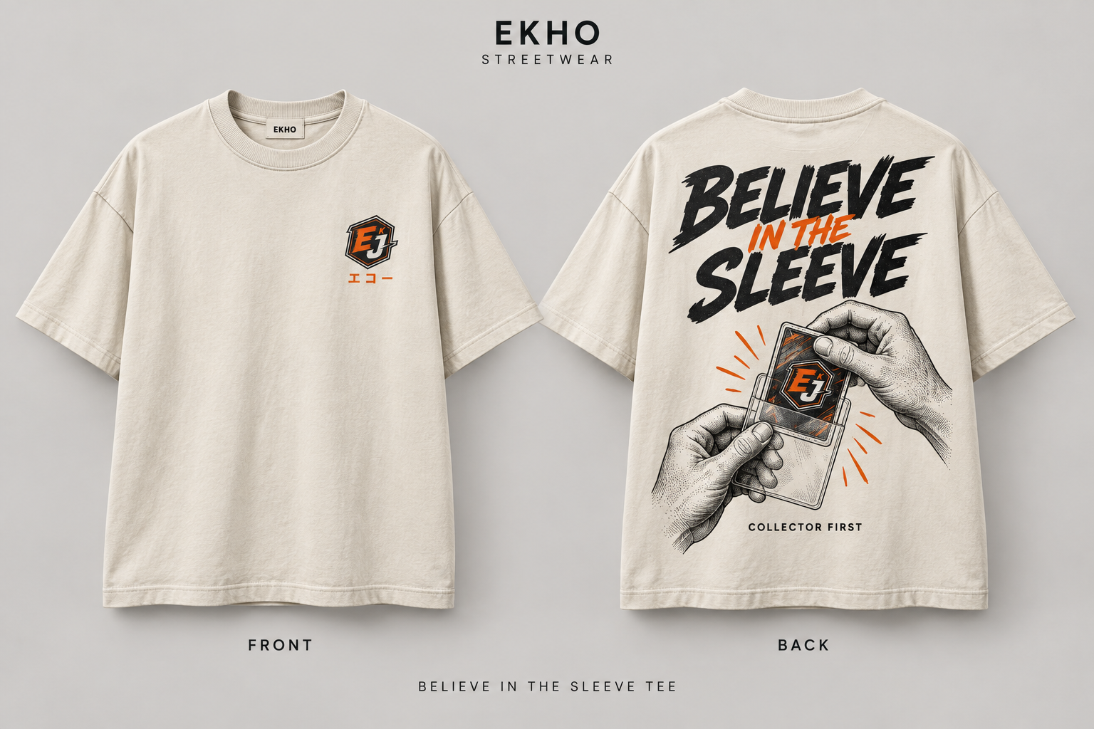 Cream Believe in the Sleeve Tee concept showing a chest crest and an illustration of hands sleeving a card on the back