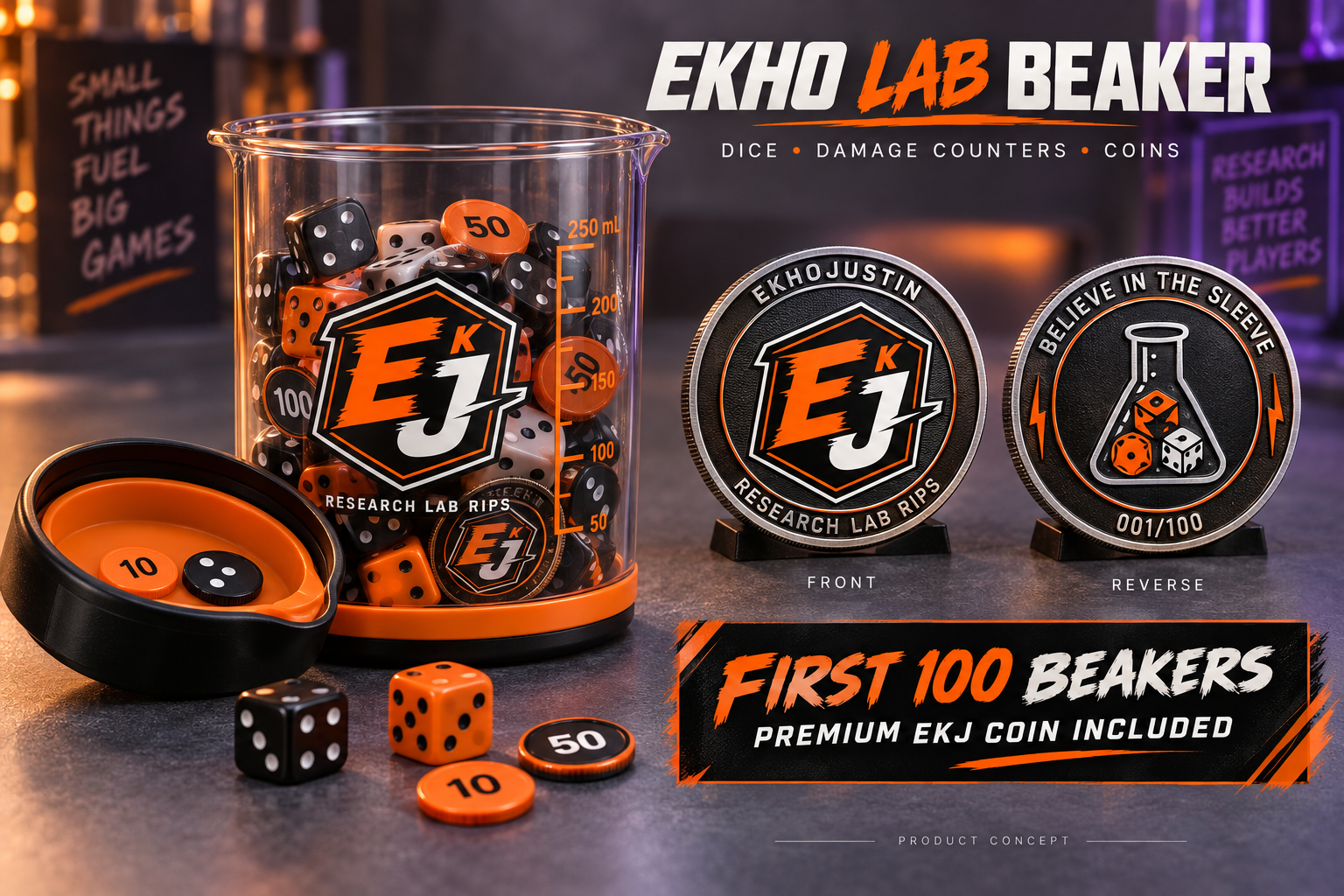 EKHO Lab Beaker concept with dice, counters, a lid and front and reverse views of an EKJ collectible coin