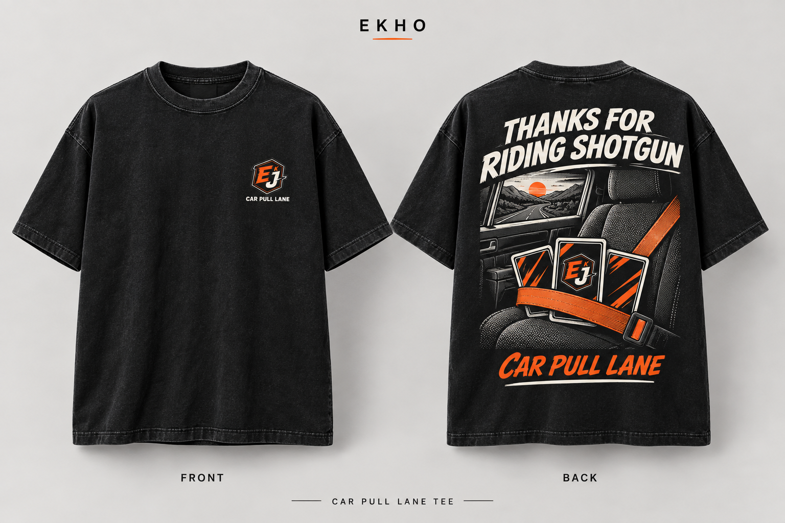 Black Car Pull Lane Tee front and back, with Thanks for Riding Shotgun lettering and cards strapped into a passenger seat
