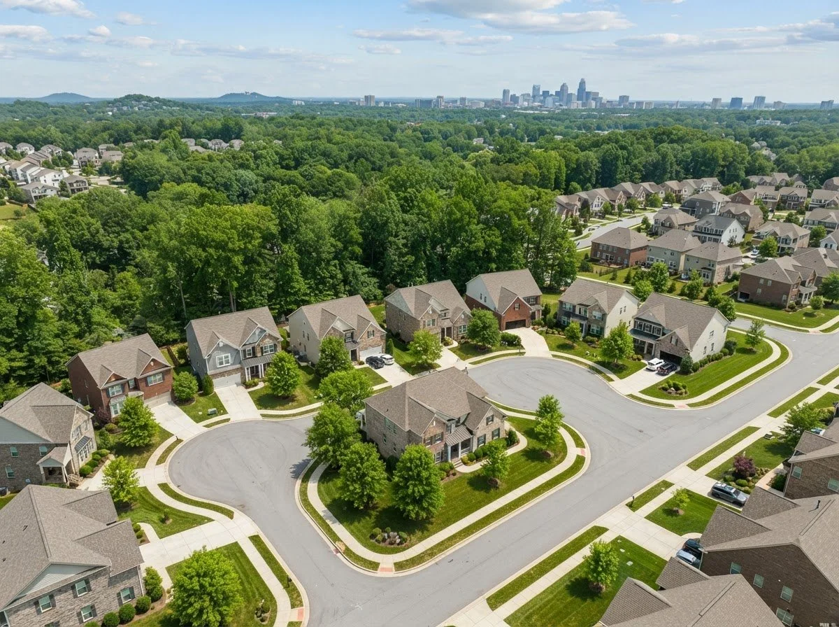 Aerial view of a residential neighborhood near the Charlotte, NC skyline in Broadtail Homes' service area
